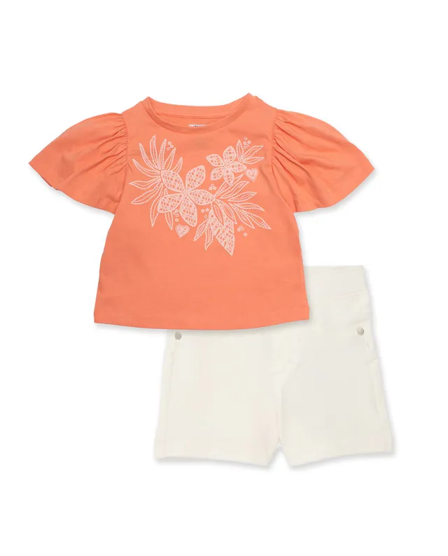 Tuc Tuc completo bambina maglietta corallo shorts bianchi
