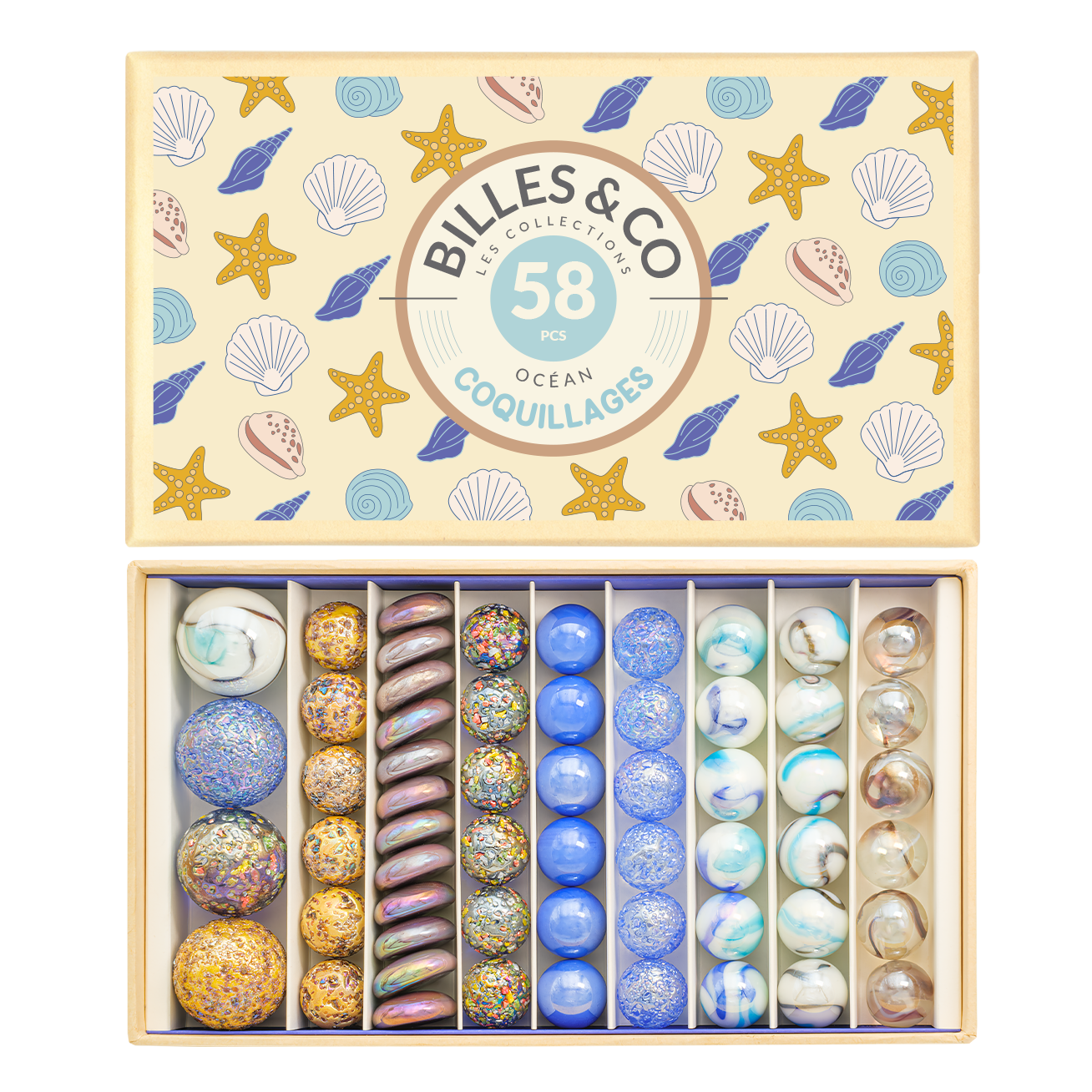 Billes & Co Coquillages scatola biglie vetro 58 pezzi