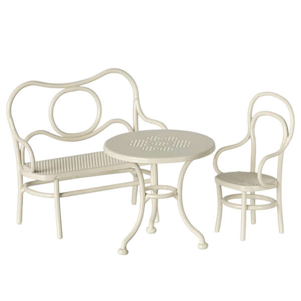 Maileg Topi set tavolo e panca in metallo bianco