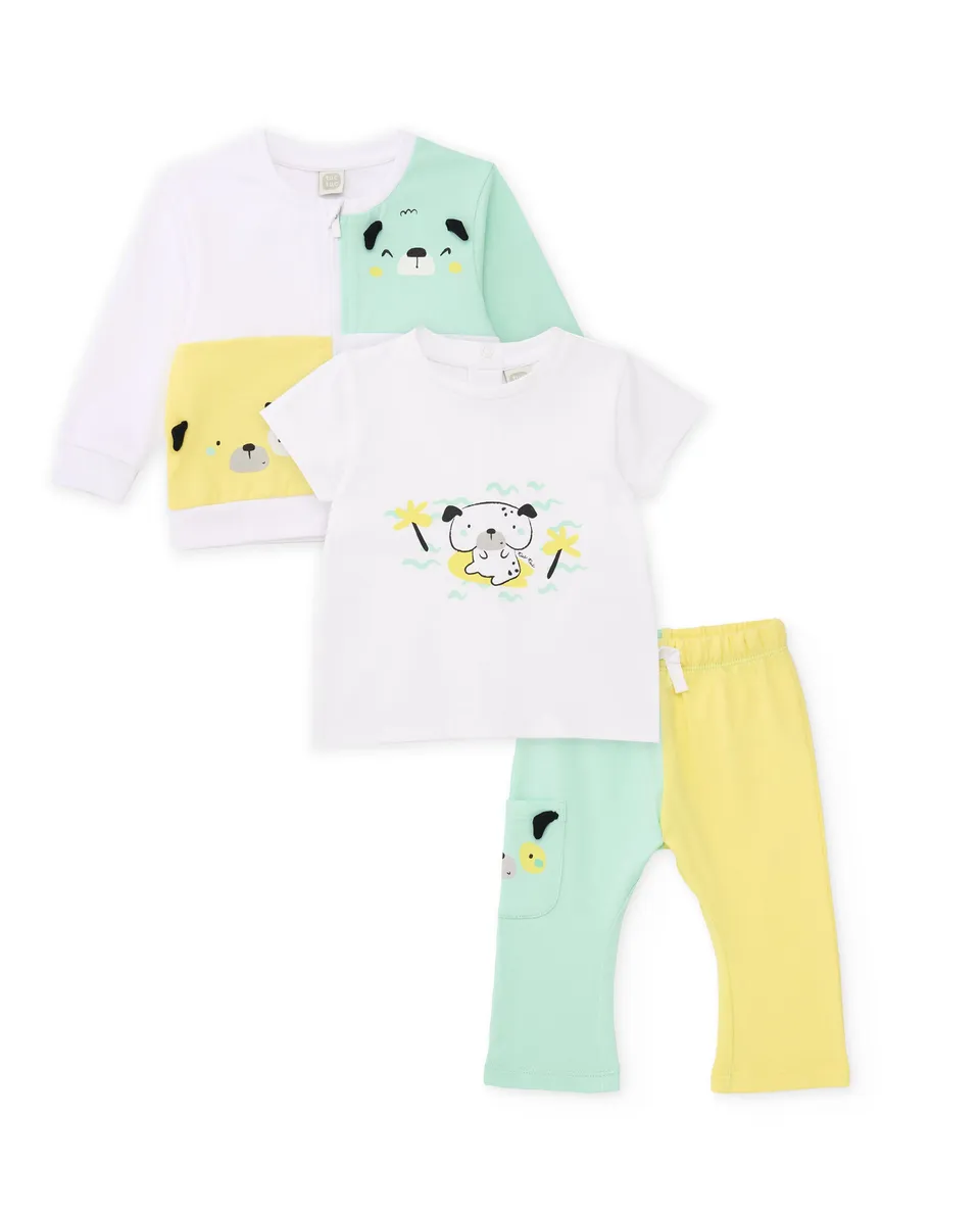 Tuc Tuc completo neonato bimbo bianco 3 pezzi cagnolini