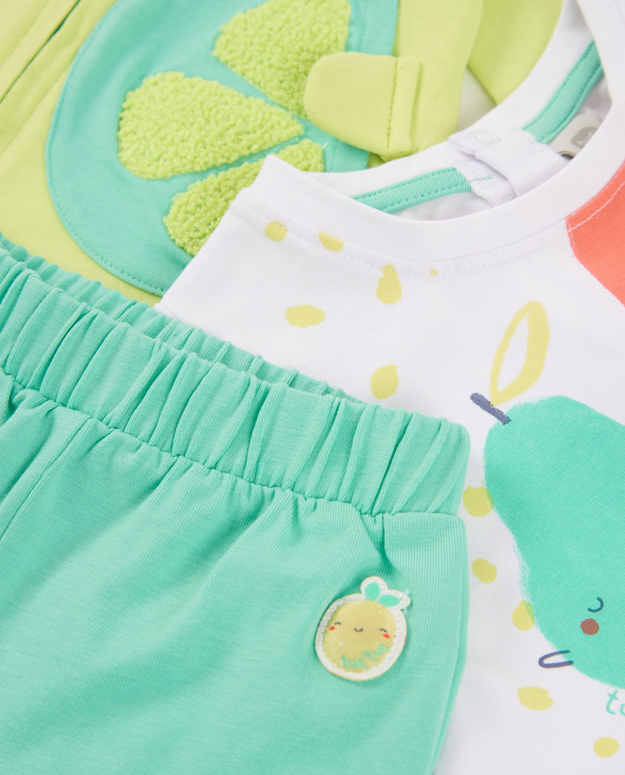 Tuc Tuc completo neonato verde 3 pezzi frutta