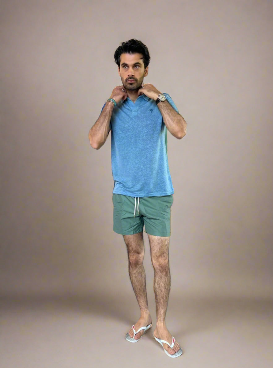 Ella and Rapha Blue Palmtree polo uomo blu in lino