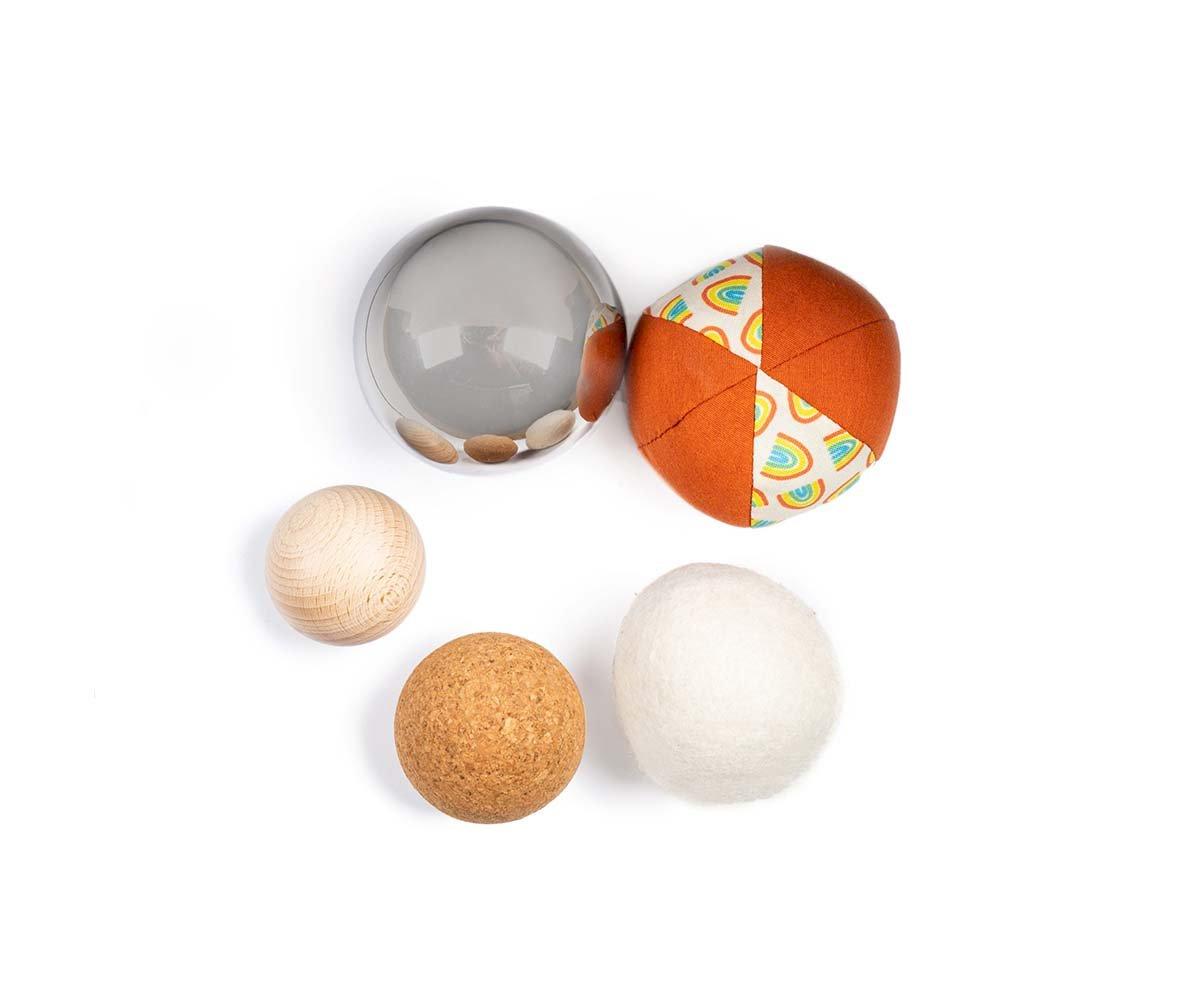 Petit Boum Set 5 sfere sensoriali palline materiali naturali