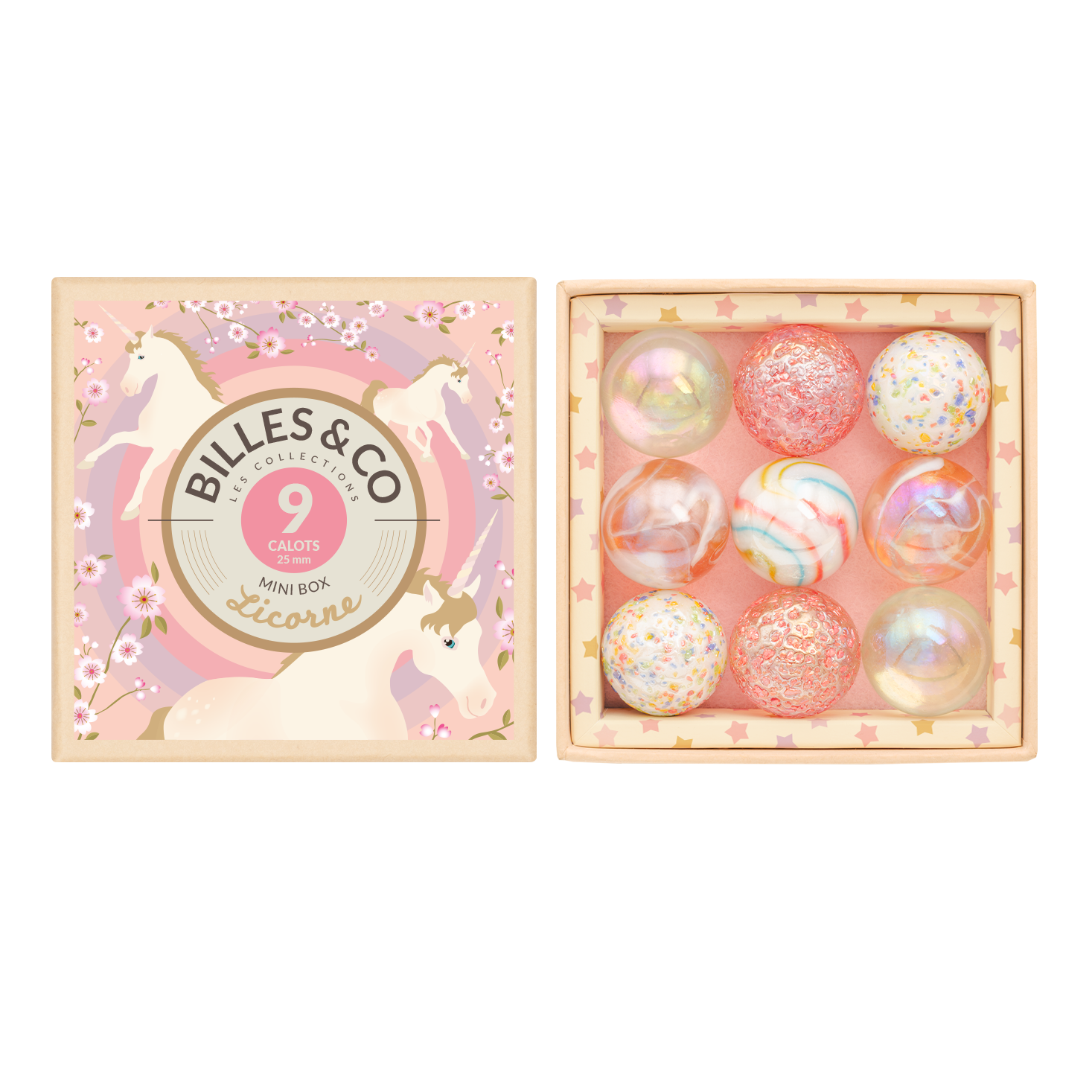 Billes & Co Maxi Licorne mini box 9 biglie vetro 25 mm