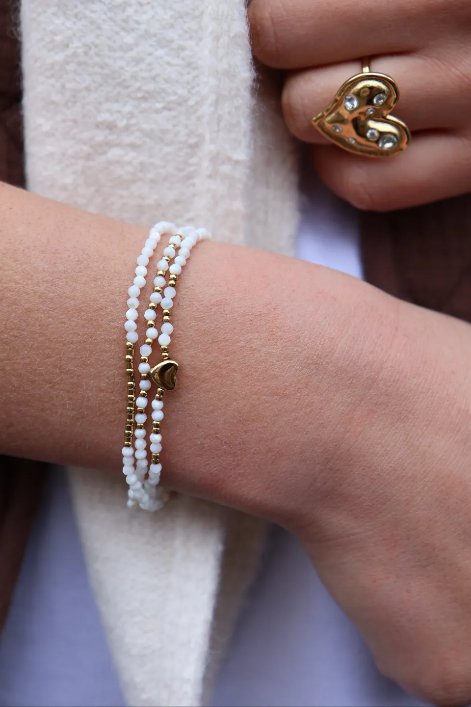 Ella and Rapha Heart bracciale perline bianche acciaio