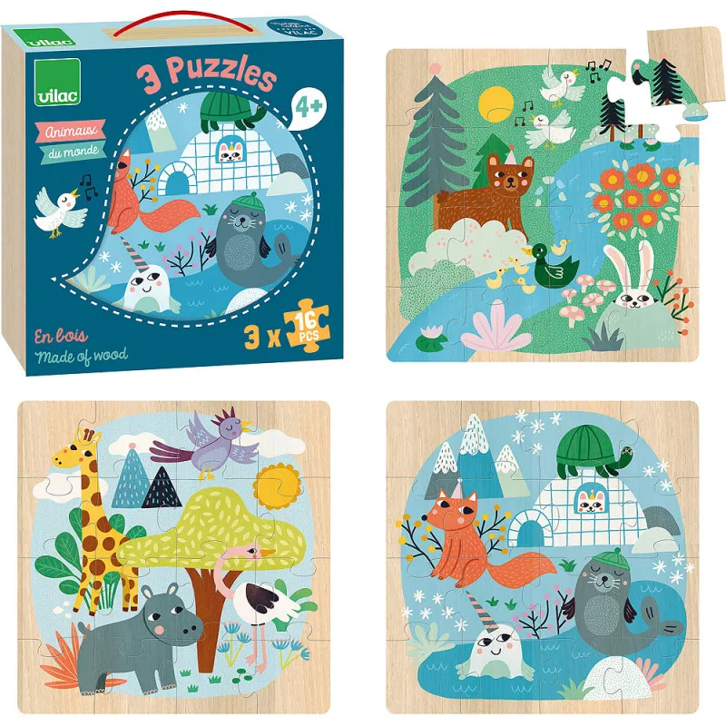 Vilac Animali del mondo puzzle legno 16 pezzi 3 set