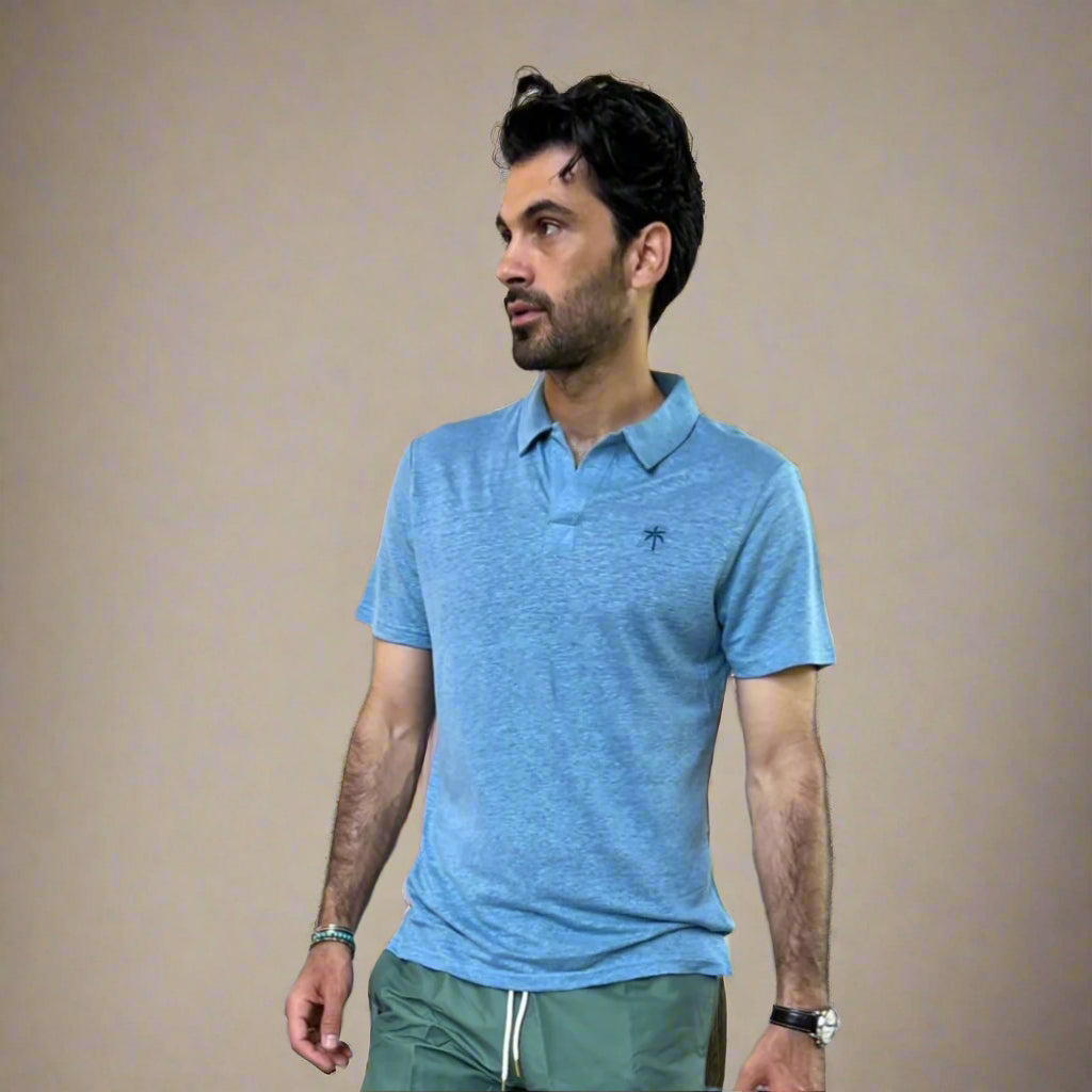 Ella and Rapha Blue Palmtree polo uomo blu in lino