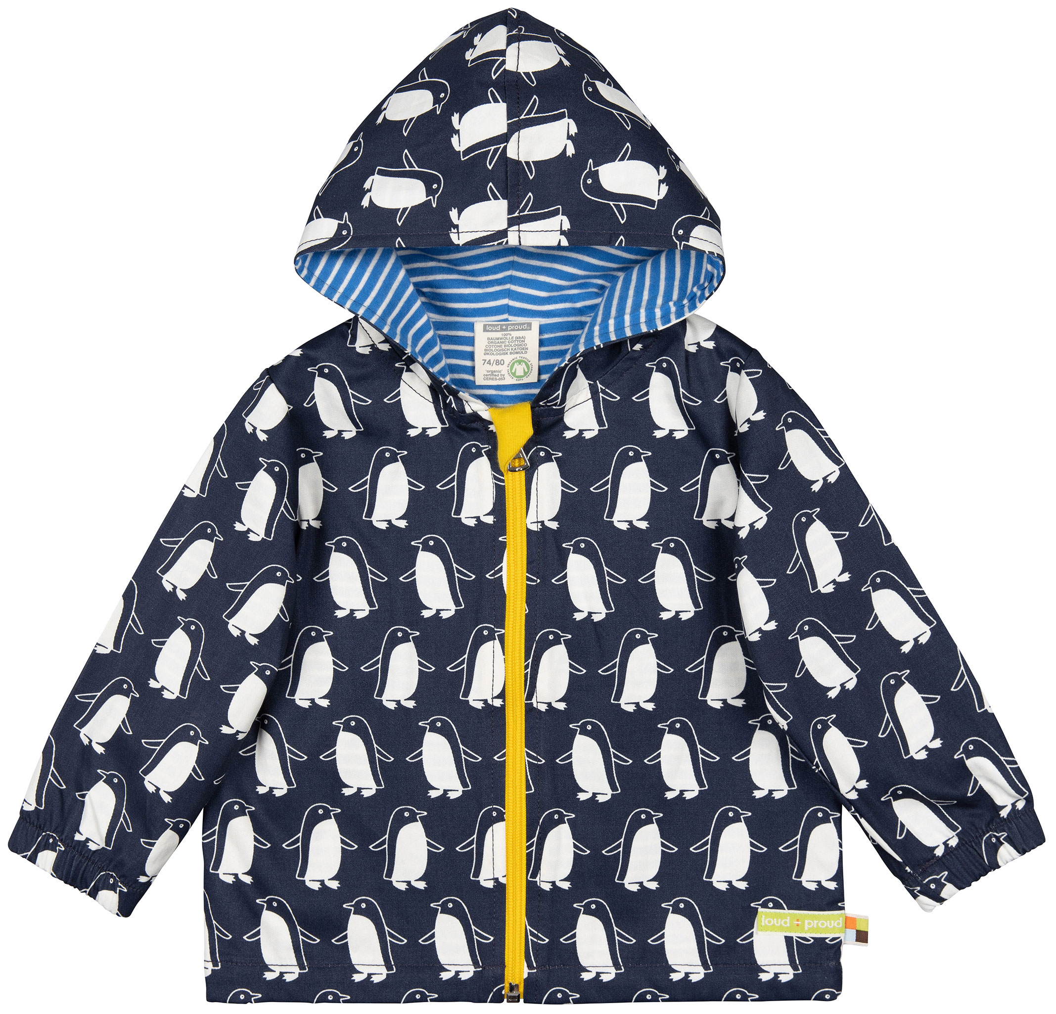 Loud+Proud Pinguini Blu giacca antipioggia cotone organico