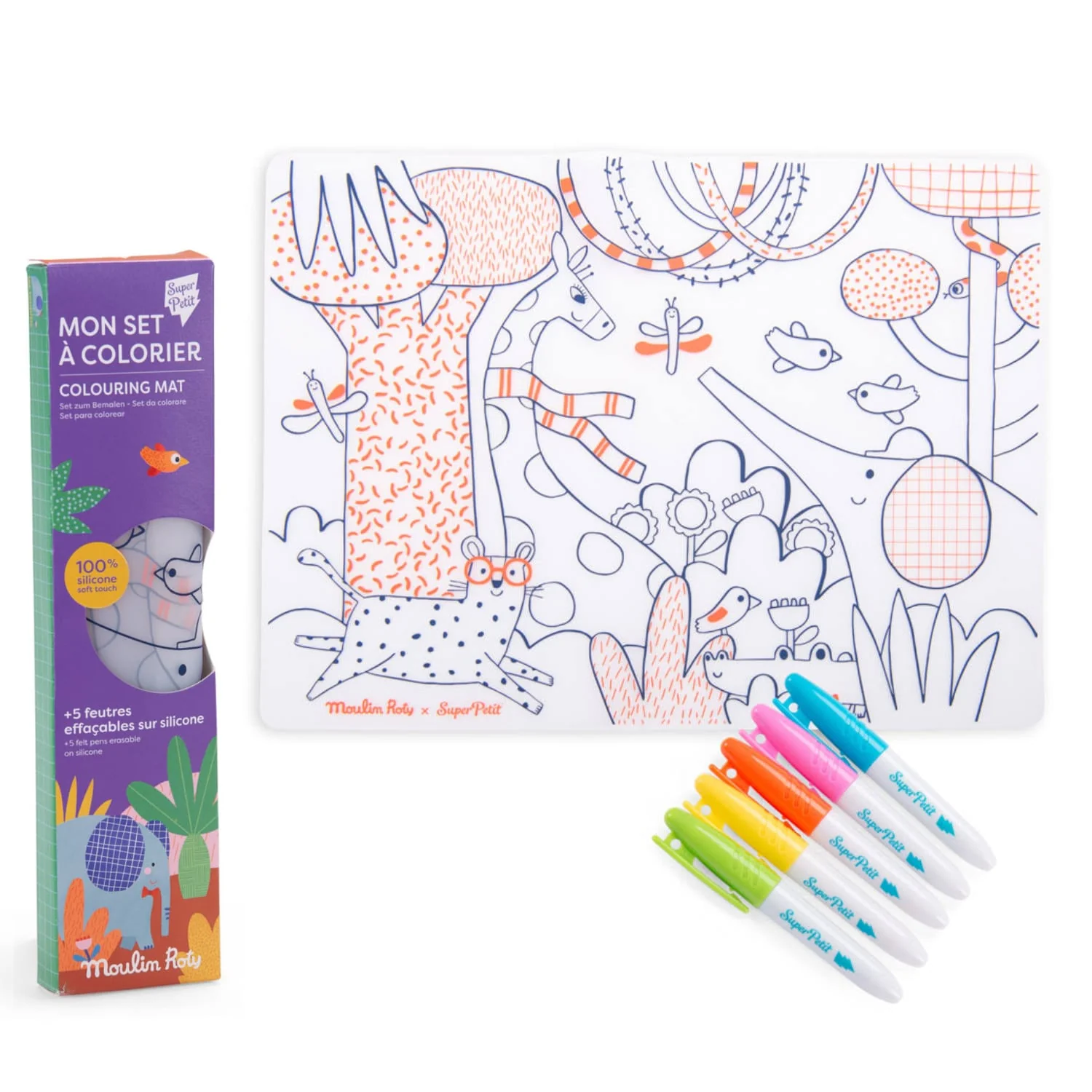 Moulin Roty Les Toupitis tovaglietta silicone 40x30 + 5 pennarelli