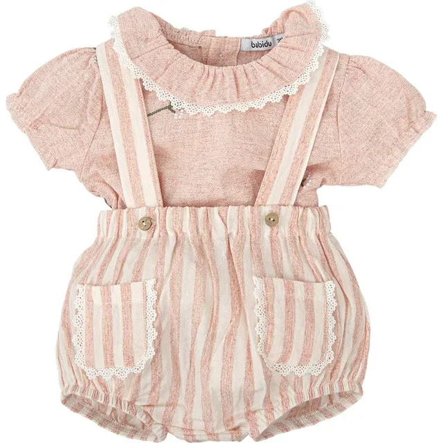 Babidu Set Salopette a Righe e Camicia Bimba 3 Anni Pizzo