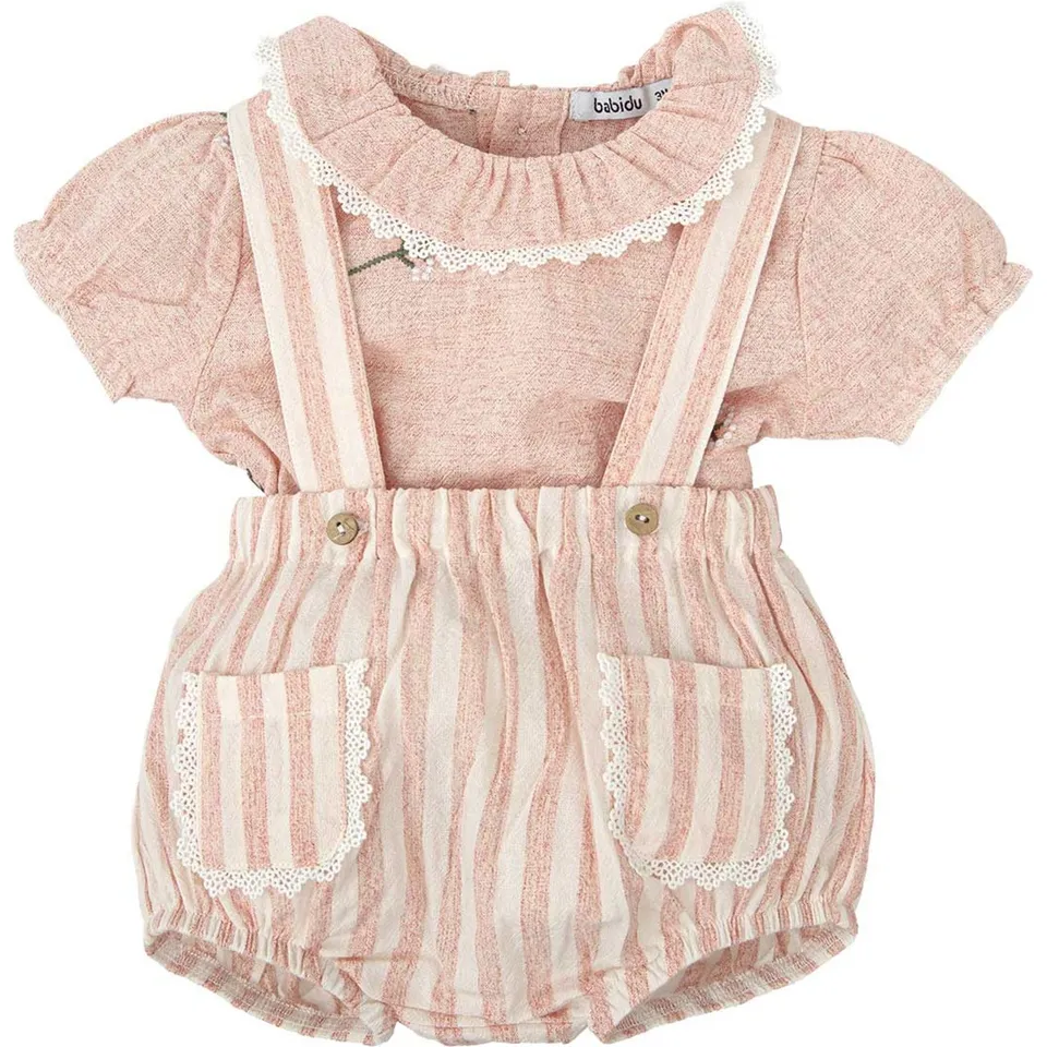 Babidu Set Salopette a Righe e Camicia Bimba 3 Anni Pizzo